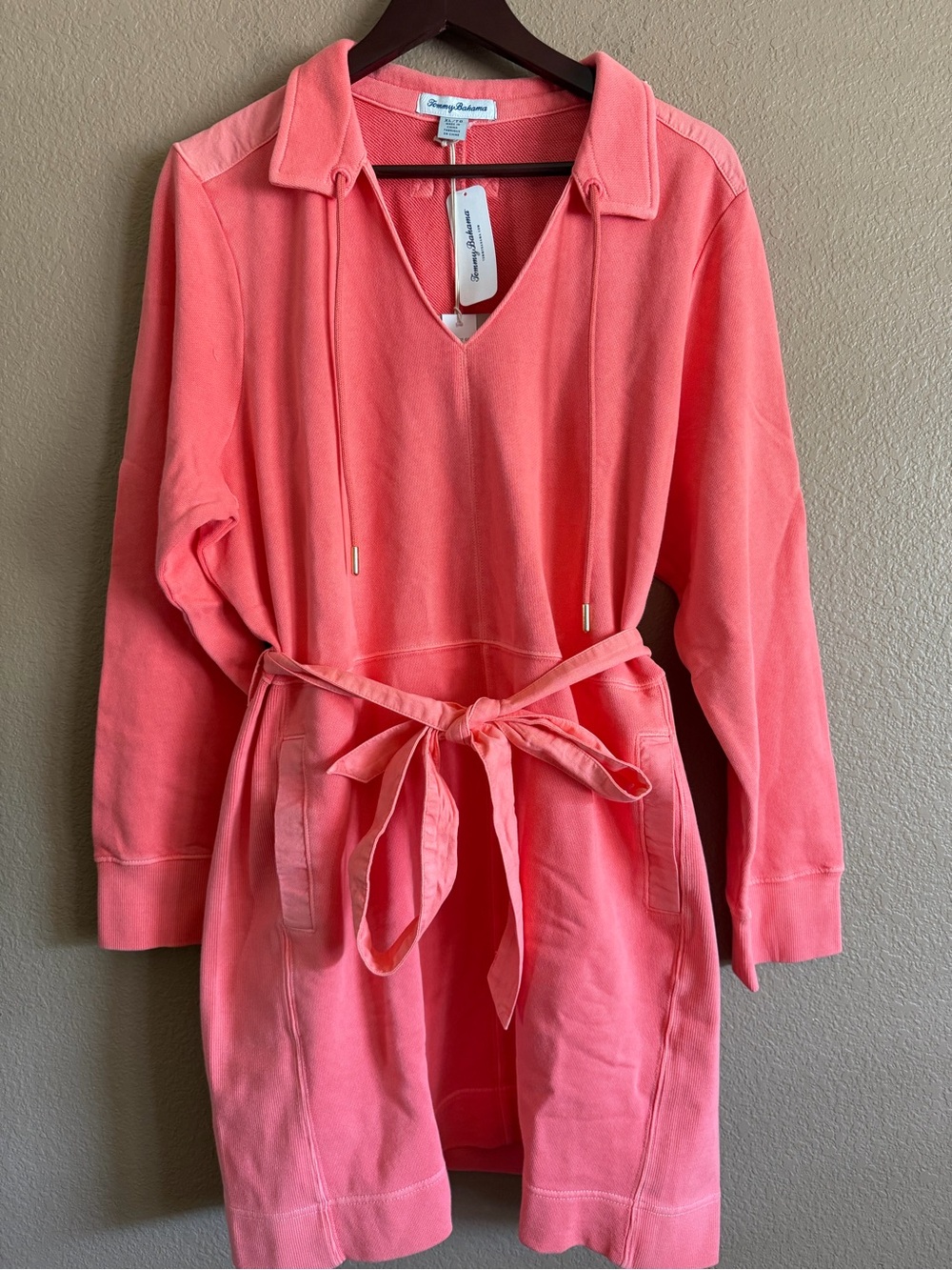 Tommy Bahama Sunray Cove Long Sleeve Coral-Pink Tie-Waist Dress Size XL NWT